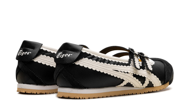 Onitsuka Tiger Black Mary Jane Shoes with Cream Scalloped Stripes and Double Buckles