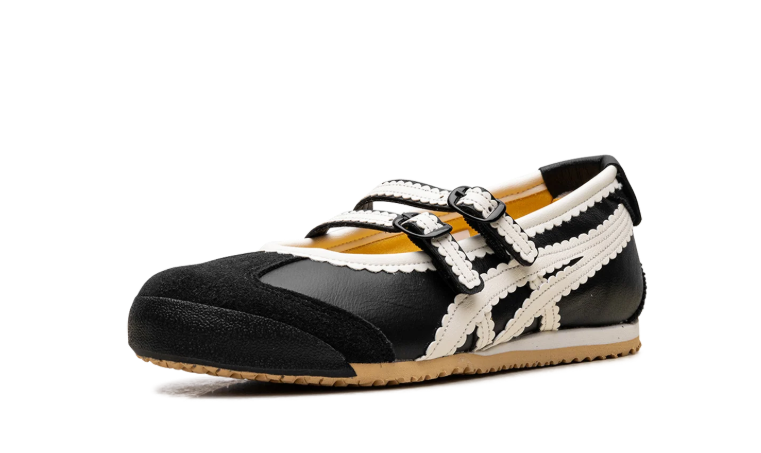 Onitsuka Tiger Black Mary Jane Shoes with Cream Scalloped Stripes and Double Buckles