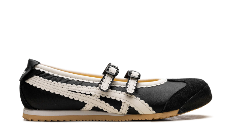 Onitsuka Tiger Black Mary Jane Shoes with Cream Scalloped Stripes and Double Buckles