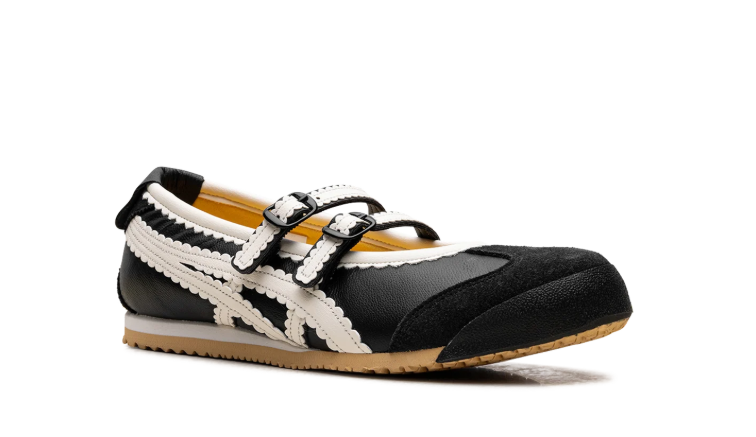 Onitsuka Tiger Black Mary Jane Shoes with Cream Scalloped Stripes and Double Buckles