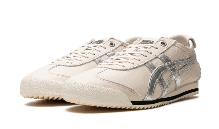 Onitsuka Tiger Cream Low-Top Sneakers with Metallic Silver Stripes and Serrated Sole