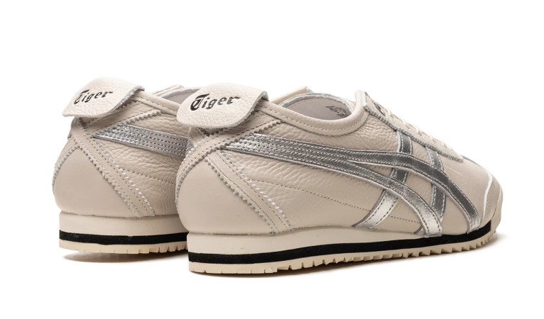 Onitsuka Tiger Cream Low-Top Sneakers with Metallic Silver Stripes and Serrated Sole