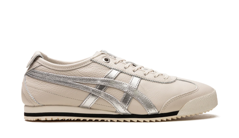 Onitsuka Tiger Cream Low-Top Sneakers with Metallic Silver Stripes and Serrated Sole