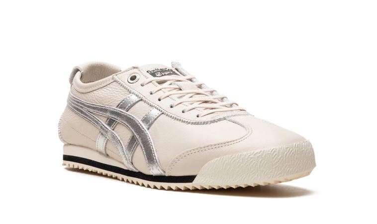 Onitsuka Tiger Cream Low-Top Sneakers with Metallic Silver Stripes and Serrated Sole