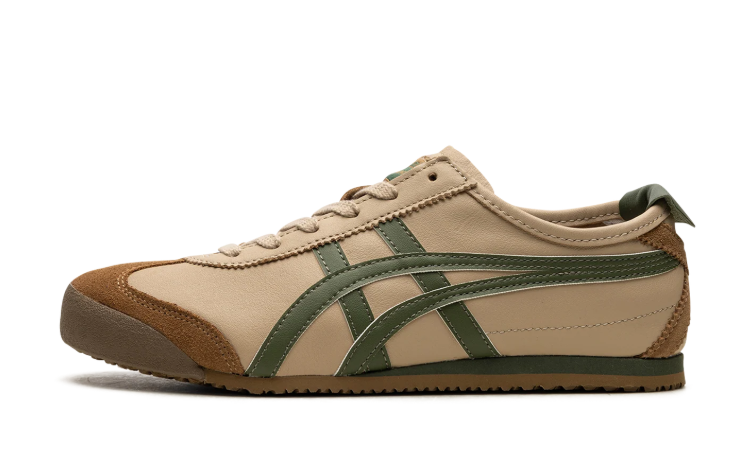 Onitsuka Tiger Beige Low-Top Sneakers with Olive Green Stripes and Brown Overlays