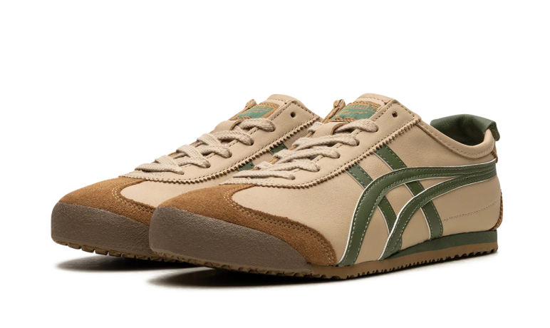 Onitsuka Tiger Beige Low-Top Sneakers with Olive Green Stripes and Brown Overlays