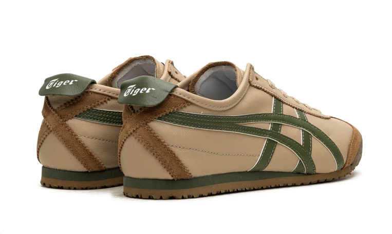 Onitsuka Tiger Beige Low-Top Sneakers with Olive Green Stripes and Brown Overlays