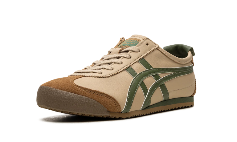 Onitsuka Tiger Beige Low-Top Sneakers with Olive Green Stripes and Brown Overlays