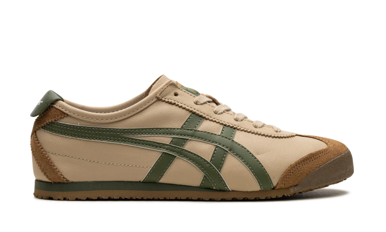 Onitsuka Tiger Beige Low-Top Sneakers with Olive Green Stripes and Brown Overlays