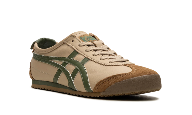 Onitsuka Tiger Beige Low-Top Sneakers with Olive Green Stripes and Brown Overlays